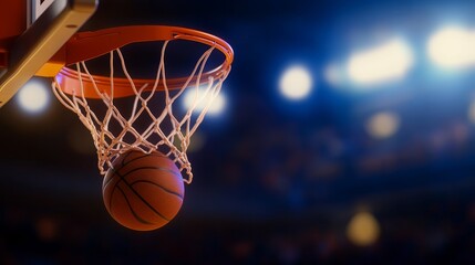 A basketball swishing through the net during a dynamic game in a vibrant arena setting