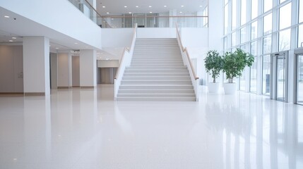 Obraz premium Modern building lobby stairs, bright interior, plants, glass wall