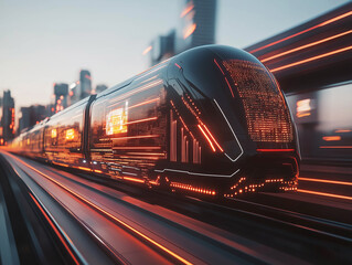 Futuristic train travels swiftly through a city at dusk, illuminated by neon lights and glowing patterns