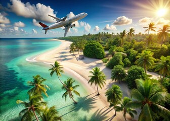 Serene Beach Escape: Airplane View of Pristine Turquoise Waters & Palm Trees
