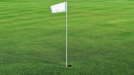A close-up view of a golf flag standing on a well-maintained green grass field.