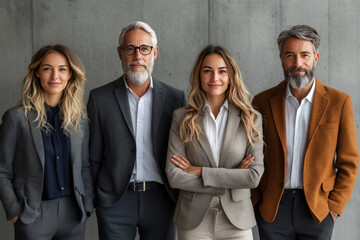 a group of four people standing in front of a gray wall. All participants are wearing business suits, reflecting a professional style.  