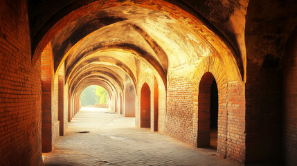 Ancient brick arches create a serene walkway in a historic location during daylight. Generative AI
