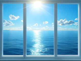Fototapeta premium Ocean view from window, bright sunny day, relaxing scene, interior design, possible use as wallpaper