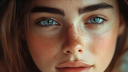 Fototapeta premium Radiant Beauty: Close-Up of a Positive Young Woman with Flawless Natural Makeup