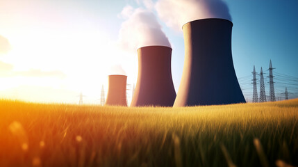 Power generation at a nuclear facility with cooling towers and power lines during sunset in a rural landscape. Generative AI