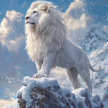 Majestic white lion standing in a snowy forest, gazing into the distance
