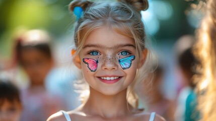 Smiling Blonde Girl with Butterfly Face Paint at Outdoor Festival for Family Events, Children's Entertainment, and Summer Celebrations in Vibrant Pastel Colors