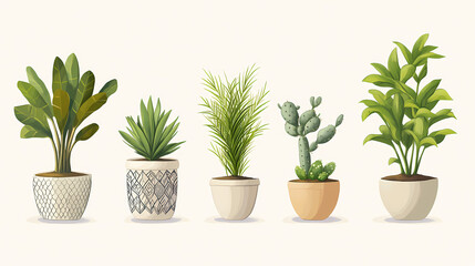 Fototapeta premium Six potted plants collection featuring a palm cactus fern succulents. Aether-Filled Caverns. Illustration