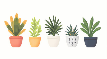 Obraz premium Six potted plants collection featuring a palm cactus fern succulents. Aether-Filled Caverns. Illustration