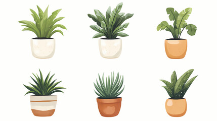 Six potted plants collection featuring a palm cactus fern succulents. Aether-Filled Caverns. Illustration