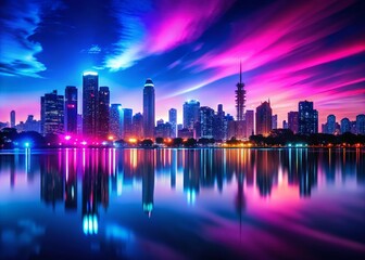 Fototapeta premium Serene City Nightscape: Pink & Blue City Lights Reflection on Calm Water