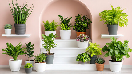 Fototapeta premium An arrangement of potted houseplants displayed on white shelves and steps against a pastel pink wall.