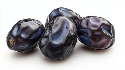 Close-up of fresh black Ajwa dates with glossy texture on a white background, nutritious and sweet fruit commonly consumed during Ramadan and Eid celebrations