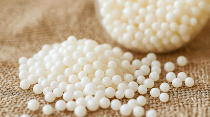Pile of small, white, spherical beads scattered on a textured, neutral-toned surface, with more beads blurred in the background.