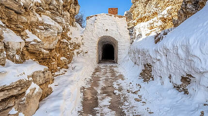 Snowy path leading to a dark tunnel built into a white brick structure, nestled between rocky cliffs.