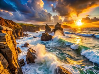 Fototapeta premium Serene Coastal Landscape: Water Crashing Against Rugged Rocks