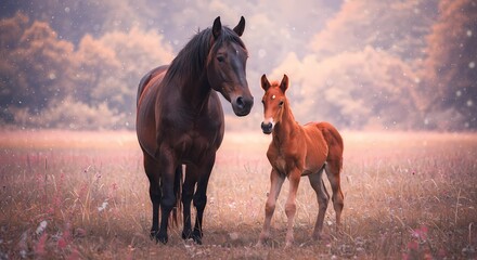 Obraz premium Adorable Baby Horse with Mother in Pasture – Heartwarming Bond Between Mare and Foal in Natural Setting