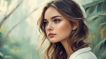 Naklejka premium Close-up portrait of a young woman with long brown wavy hair, soft makeup, and piercing green eyes, looking thoughtfully to the side. The background features blurred tropical foliage.