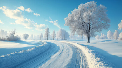 Obraz premium A winding snowy road surrounded by frost-covered trees and sky