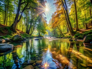 Obraz premium Serene Forest River: Flowing Water, Lush Greenery, Nature Photography