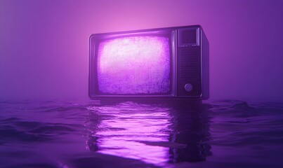 Retro television set glowing purple, sits in water with a surreal, dreamlike aesthetic and ambient purple lighting
