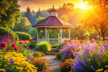 Serene Gazebo in Perennial Garden: Dreamy Bokeh Landscape Architecture Stock Photo