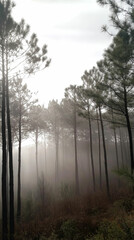 Misty forest landscape with tall pine trees in the early morning light. Generative AI