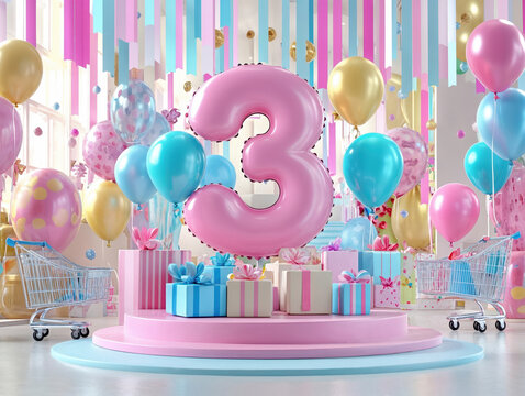 Third birthday celebration with balloons, gifts, and shopping carts in pastel colors - Powered by Adobe