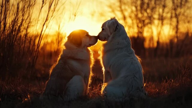 Dogs Golden retrievers with tender expressions nuzzling noses against glowing sunset backdrop. Pets show affection and devotion in warm evening light. Canine love, loyalty, unbreakable bond