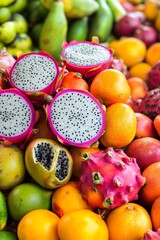 Abundance of vibrant tropical fruits featuring dragon fruit close-up