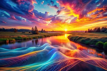 Obraz premium Serene Landscape Reflecting Digital Data Streams: Abstract Database Concept