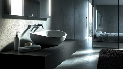 Modern bathroom sink, daylight, bedroom view, interior design