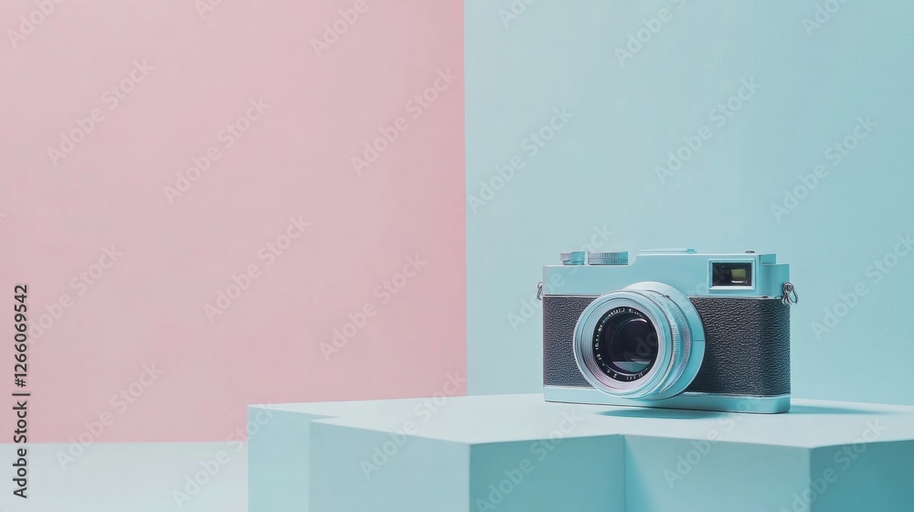 Aufkleber vintage camera displayed on pastel background showcasing its stylish design and intricate details wh