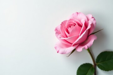 Fototapeta premium Delicate pink rose blossom, pristine white backdrop , texture, delicate, fragrant