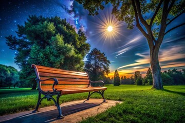 Serene Night at the Park: Wooden Bench Under Starry Sky