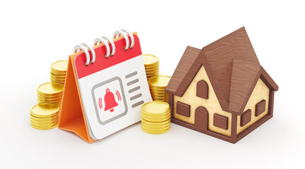 Mortgage Payment Schedule: A desk calendar alongside a toy model of a wooden house on a white background. 3D rendered graphics themed around Household Budgeting or Financial Planning.