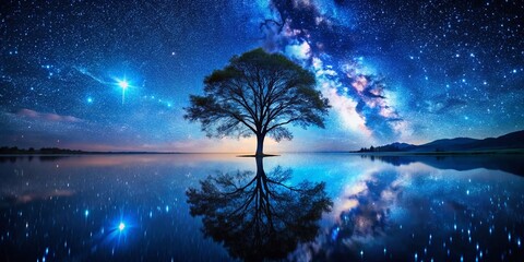 Serene Night: Tree Silhouette by Tranquil Lake - Stunning Nature Photography