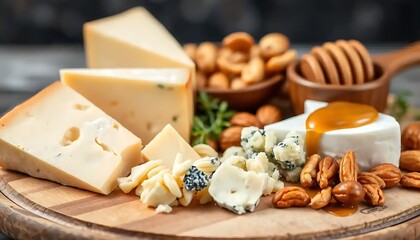 Assorted cheeses and nuts on a wooden board with honey
