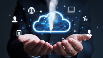 Fototapeta premium Cloud computing concept with hands holding digital icons and symbols