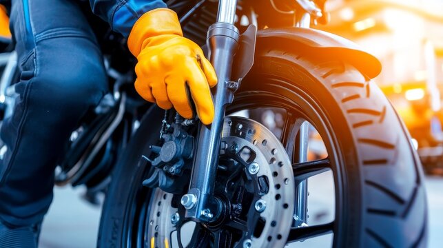 Mechanic in orange gloves performing maintenance on a motorcycle wheel in a workshop - Powered by Adobe
