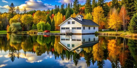 Fototapeta premium Serene Reflection: White House, Tall Trees Mirrored in Fire Station Pond