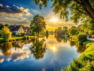 Fototapeta premium Serene Riverside Village Silhouette: Sunny Day Lush Greenery Stock Photo