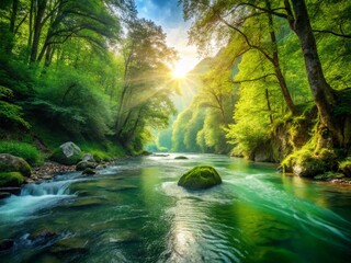Obraz premium Serene River Valley: Lush Forest, Tranquil Waters, Green Landscape Stock Photo