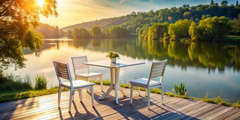 Fototapeta premium Serene Riverside Relaxation: White Chairs & Table by the Water