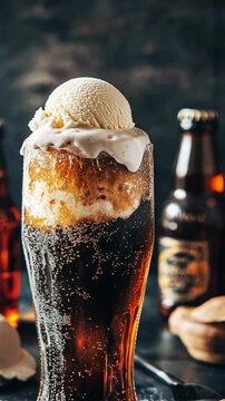 Classic root beer float served in a frosty glass with ice cream and vintage bottles in the background