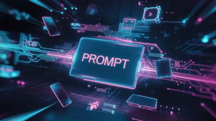 Digital interface displaying the word PROMPT in vibrant neon colors