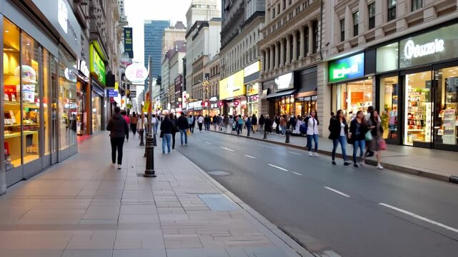 A busy city street with people walking and shopping. Scene is lively and bustling