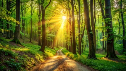 Obraz premium Serene Spring Forest Path: Lush Green Canopy, Winding Track, Sunlight Dappled