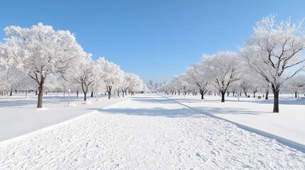 Obraz premium Winter park, snow-covered trees, city skyline background. Possible use Stock photo